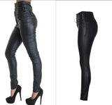 High-Waisted Faux Leather Skinny Pants with Side Lace-Up Detail - Sexy Black Coated Design with Stretch for Comfort