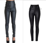 High-Waisted Faux Leather Skinny Pants with Side Lace-Up Detail - Sexy Black Coated Design with Stretch for Comfort