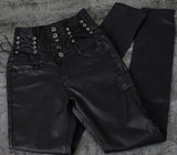 High-Waisted Faux Leather Skinny Pants with Side Lace-Up Detail - Sexy Black Coated Design with Stretch for Comfort