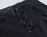 Metal Eyelet Straps High-Waisted PU Coated Leather Pants - Slim Fit with Stretch and Elastic Waist