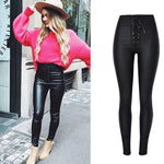 Metal Eyelet Straps High-Waisted PU Coated Leather Pants - Slim Fit with Stretch and Elastic Waist