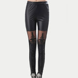 High-Waist Faux Leather Gothic Punk Leggings with Lace Detailing