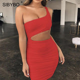 One-shoulder Hollow Bag Hip Dress Sexy Nightclub Solid Color Slim Mini Dress - Alt Style Clothing