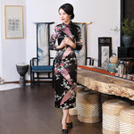 Satin Daily Casual Dress New Long Qipao Print Flower Chinese Cheongsam