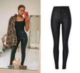 Metal Eyelet Straps High-Waisted PU Coated Leather Pants - Slim Fit with Stretch and Elastic Waist