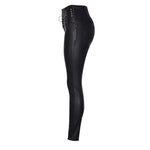 High-Waisted Faux Leather Skinny Pants with Side Lace-Up Detail - Sexy Black Coated Design with Stretch for Comfort