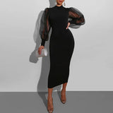 Mesh Puff Sleeve Bodycon Dress with High Neck, Back Split for Women's Club Outfits - Alt Style Clothing