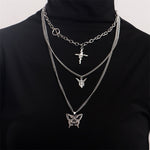 Layer Butterfly Cross Angel Pendant Grunge Metal Chain Necklace