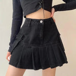 Goth Denim Pleated Mini Skirt with Big Pockets