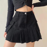 Goth Denim Pleated Mini Skirt with Big Pockets