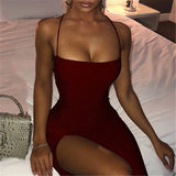 Long Backless Spaghetti Strap High Split Bodycon Maxi Dress