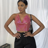Mesh Metal Top Backless Halter Crop Top Night Club With V-Neck
