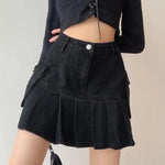 Goth Denim Pleated Mini Skirt with Big Pockets