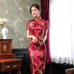 Elegant New Brocade Satin Long Fork Cheongsam Chinese Classic Dress