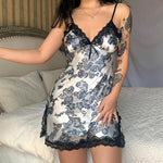 Sexy Lace Patchwork Backless V-Neck Satin Strap Mini Side Split Dress - Alt Style Clothing