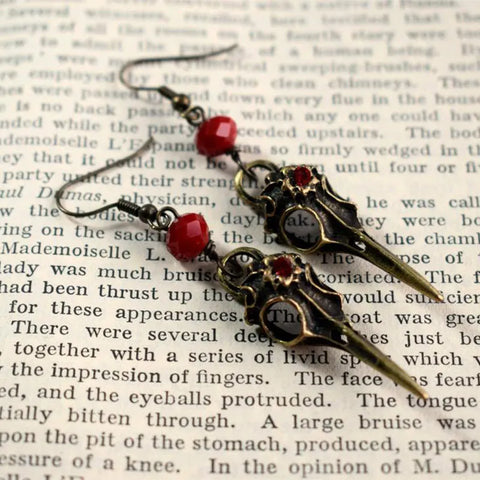 Vintage Bronze Crow Skull Dangle Earrings – Gothic Wiccan Jewelry