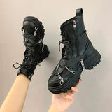 Leather Ladies Ankle Boots Mid Heel Lace Up Worker - Alt Style Clothing