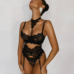 Lingerie 3-Pieces Transparent Bra Lace Suit Sexy Garter Belt