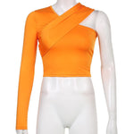 V-Neck One-shoulder Soild Slim Crop Top - Alt Style Clothing