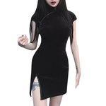 Gothic Satin Cheongsam Mini Dress with Stand Collar