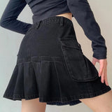 Goth Denim Pleated Mini Skirt with Big Pockets