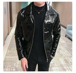 Rebel with the Cool Black Shiny Reflective Patent Pu Leather Biker Jacket Men Belt With Zipper - Alt Style Clothing