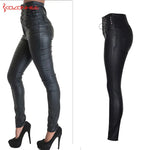 High-Waisted Faux Leather Skinny Pants with Side Lace-Up Detail - Sexy Black Coated Design with Stretch for Comfort