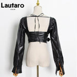 Faux Leather Crop Top Square Neck Long Sleeve Zipper - Alt Style Clothing