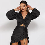 Deep V-neck Party Satin Lace Up Ruffles Holow Out Ruched Dress - Alt Style Clothing