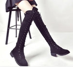 Lace Up Over Knee Flat Square Heel Rubber Flock Boots