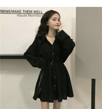 Pure Turn-down Collar Button Long Sleeve Collect Waist Elegant Dress - Alt Style Clothing