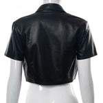 Faux Pu Leather Crop Top Buttons Short Sleeves Bodycon Shirt