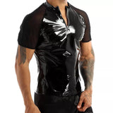 Glossy PVC Leather Short-sleeved Shirt Shaping Sheath Bodycon Patent Leather Top - Alt Style Clothing