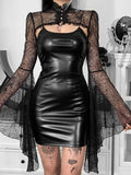 Gothic Faux Leather Dress Lace Suit Sexy Flare Sleeve - Alt Style Clothing