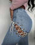 High Waisted Chain Jeans - Featuring a Cross Chain and Hollow Out Design for a Sexy and Elegant Look