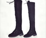 Lace Up Over Knee Flat Square Heel Rubber Flock Boots