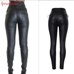 High-Waisted Faux Leather Skinny Pants with Side Lace-Up Detail - Sexy Black Coated Design with Stretch for Comfort