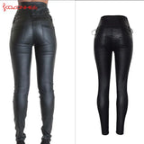 High-Waisted Faux Leather Skinny Pants with Side Lace-Up Detail - Sexy Black Coated Design with Stretch for Comfort