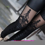 Stylish Nine-Point Faux Leather Gothic Punk Leggings for Women with Imitation Lace Detailing