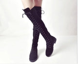 Lace Up Over Knee Flat Square Heel Rubber Flock Boots