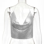 Mesh Metal Top Backless Halter Crop Top Night Club With V-Neck - Alt Style Clothing
