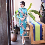 Satin Daily Casual Dress New Long Qipao Print Flower Chinese Cheongsam