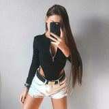 Solid Zipper Long Sleeve Sexy Sheath Skinny Bodysuit - Alt Style Clothing