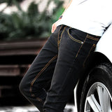 Punk Style Slim Fit Denim Pants with High Stretch and Chain Detail - Mid Waist