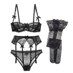 Luxury Half Cup Lace Transparent Sexy Lingerie Ultra-thin Solid Shell Style 4 Pieces - Alt Style Clothing