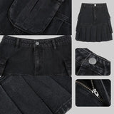 Goth Denim Pleated Mini Skirt with Big Pockets