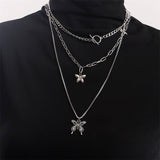 Layer Butterfly Cross Angel Pendant Grunge Metal Chain Necklace - Alt Style Clothing