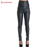 High-Waisted Faux Leather Skinny Pants with Side Lace-Up Detail - Sexy Black Coated Design with Stretch for Comfort