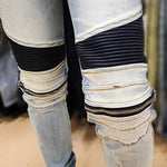 Ripped Patchwork Biker Jeans with Zipper Detailing - Slim Fit Moto Style