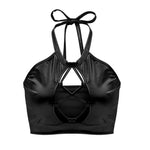 Halter Neck Bandage Crop Top - Sexy PU Leather and Hollow Out Design with Wetlook